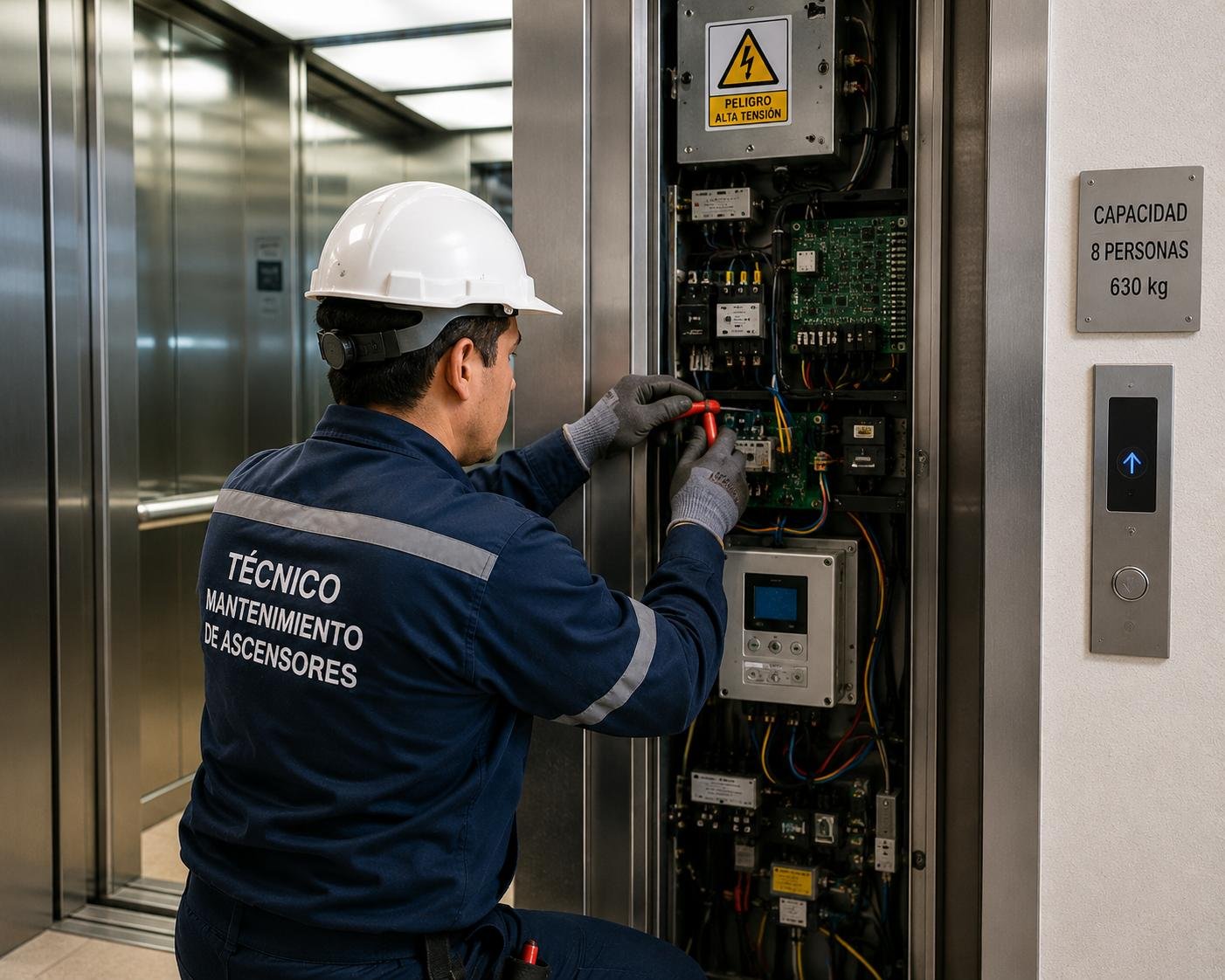 Técnico realizando mantenimiento de un ascensor
